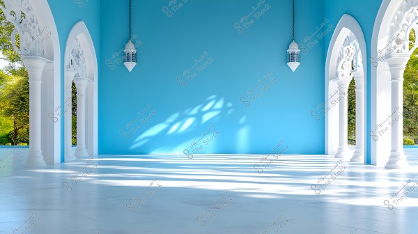 An open hall scene with a blue wall backdrop, adorned with white columns elegantly crafted with intricate arches. An oriental white lantern hangs from the ceiling. Shadows cast geometric patterns on the glossy white floor, adding a sparkle to the ambiance. Greenery is visible through the open arches.