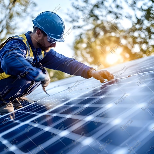 The image shows a worker wearing a blue hard hat and a blue and yellow safety vest, inspecting or installing solar panels with the sun setting in the background. The man is working intently in an outdoor environment surrounded by trees.