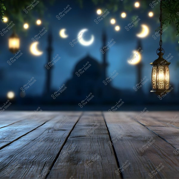 Image showing a lit traditional lantern hanging in the foreground, with a background featuring a mosque\'s minarets and dome in the center. Crescents and stars are visible in the dark blue sky. The ground is made of wooden planks, with soft light emanating from the lantern.