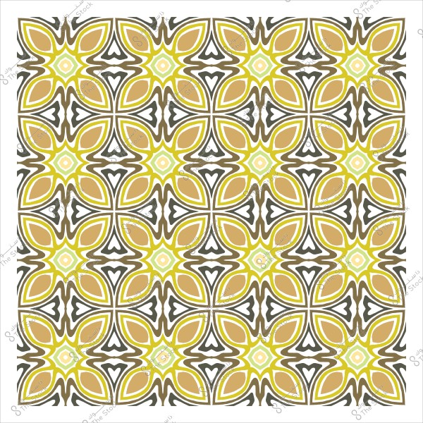 Geometric decorative pattern in brown and yellow with radiant and symmetrical designs.