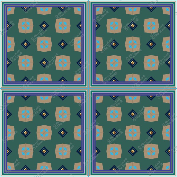 Geometric ornamental pattern composed of repeated squares in green, blue, and brown colors, with interior designs resembling pale stars.