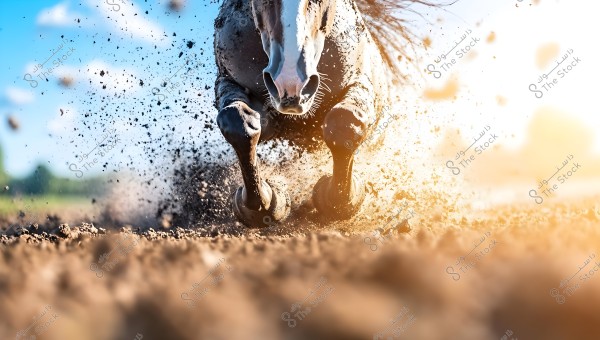 Close-up shot of a horse running at full speed, kicking up a lot of dirt and dust into the air. The horse is shown with power and energy in a desert or racetrack, with bright sunlight in the background.