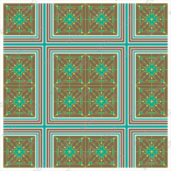 Geometric decorative design with rectangular shapes and ornaments in blue and brown.