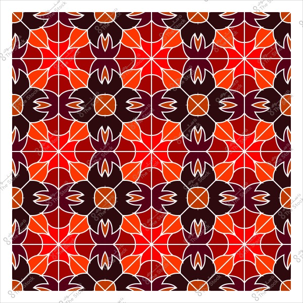 نمط هندسي مكون من أشكال الزهور المتكررة بألوان دافئة مثل الأحمر والبرتقالي. التصميم يعزز بتباين الألوان الداكنة والفاتحة ويعكس تكراراً متناظراً جذاباً.

-