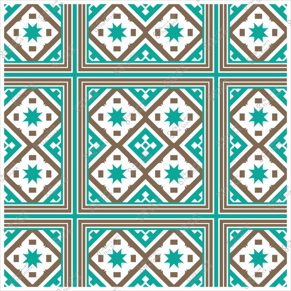 تصميم نمط هندسي متماثل بألوان زرقاء وبنية وبيضاء, يظهر نقوشاً تقليدية بزخارف متشابكة تتكرر عبر الصورة.