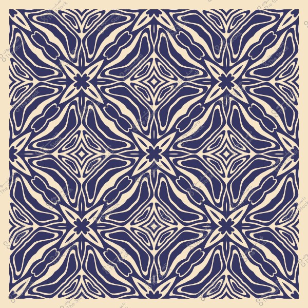 تصميم نمط هندسي متكرر باللون الأزرق على خلفية بيج, يتميز بأشكال نجوم وزهور متناظرة.