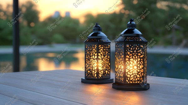 Two ornate lanterns placed on a wooden table, glowing warmly from within. The background features a blurred natural scene with trees and a lake, with the sunset casting a soft golden light.