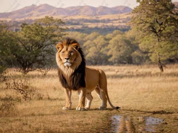 لقطة لأسد في الغابة وحوله مجموعة من الاشجار بواسطة ذكاء الأصطناعي، خلفية الطبيعة ، الحياة البرية