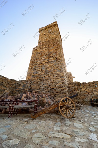 The image shows a tall traditional stone tower surrounded by stone walls. A vintage wooden cannon is situated near the base of the tower, and some ornate wooden benches are visible in the foreground. The sky is clear in the background.