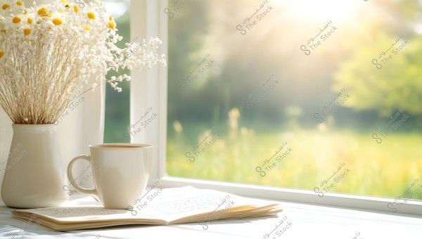 A scene of beautiful white flowers in a vase on a windowsill bathed in sunlight. Next to the vase is a white ceramic mug and an open book. The background reveals an outdoor natural view under bright sunlight.
