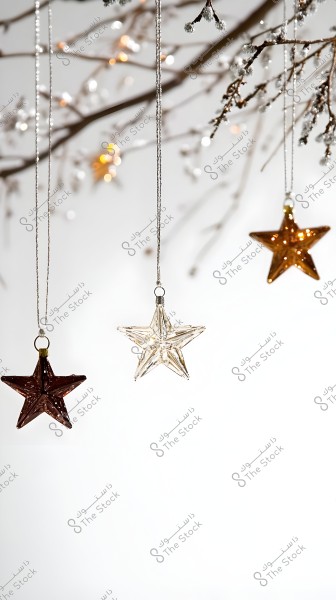 Three glass stars hanging by thin threads from a tree branch. The left star is brown, the middle one is clear, and the right one is shiny orange. The branches have frosty details and are accented by a blurred background highlighting bright lights.