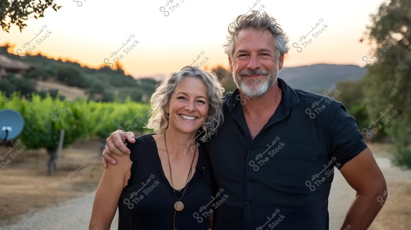 A photo of a man and a woman smiling in a rural setting. Both the man and woman are wearing casual black clothing, standing on a dirt path surrounded by trees and green shrubs, with a mountainous landscape in the background during sunset.