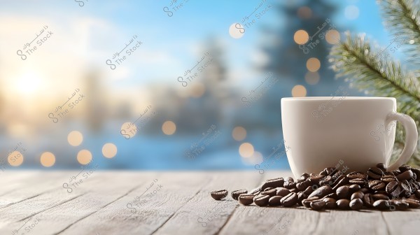 A white coffee cup placed on a wooden table with scattered coffee beans nearby. In the blurred background, there is a natural scene with green trees and soft bokeh lights at dusk, creating a warm and cozy atmosphere.