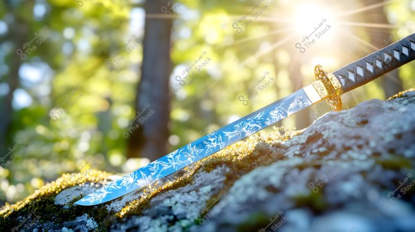 A katana sword decorated with floral designs on the blade, resting on a moss-covered rock in a forest. Bright sunlight shines from behind, giving the scene a warm glow and highlighting the sword\'s details.
