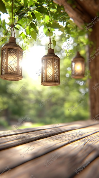 The image shows three ornate metallic lanterns hanging from leafy branches of a tree, emitting a warm glow. In the background, there is a lush greenery scene with a wooden table in the foreground illuminated by sunlight.