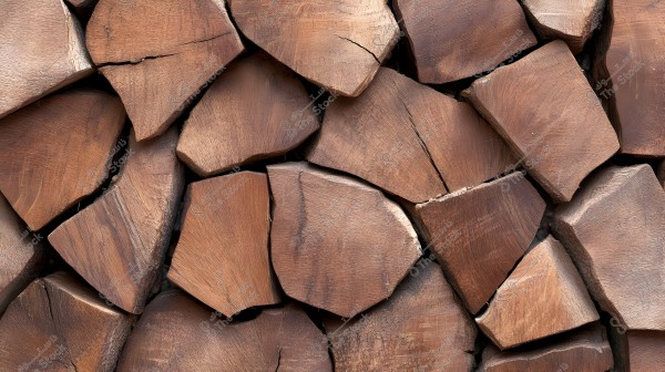 Image of a collection of stacked wooden pieces arranged in a harmonious manner. The pieces vary in shape and size, featuring a rough texture with natural brown hues, highlighting the beauty of natural wood composition.