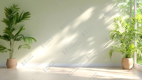 An image of a minimalist room featuring two green plants in ceramic pots, placed on a light wooden floor. Sunlight streams into the room from a large glass window on the right, casting shadows on the light-colored back wall.