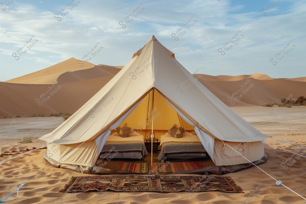 Image of a large Bedouin-style tent in the desert, made of beige fabric, with traditional colorful rugs laid out at the entrance. Inside the tent, there are single beds adorned with patterned cushions and a small table in the middle. In the background, vast sand dunes are visible under a clear blue sky with some clouds.