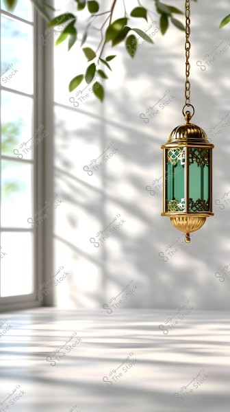 A golden lantern with green glass panels is hanging from a metal chain near a large window. Sunlight is streaming through, casting shadows on the white wall and floor. Green branches in the corner add a natural touch to the scene.