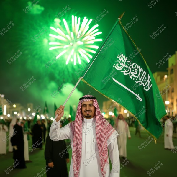 A man wearing traditional Saudi attire, consisting of a white thobe and a red checkered ghutra, holds the flag of Saudi Arabia. In the background, fireworks light up the sky in green, with a crowd of people celebrating in the street.