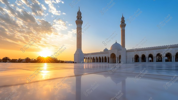 View of a grand mosque with two minarets and a prominent dome beneath a blue sky at sunset. The sun is setting on the horizon, casting its golden rays on the shiny marble courtyard in front of the mosque. Scattered clouds are visible in the sky, with orange and golden colors reflecting on the ground.