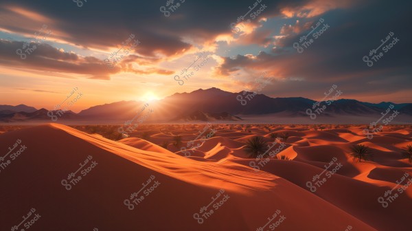 A stunning desert landscape featuring orange sand dunes stretching across the horizon at sunset. The sun casts its golden rays on the crests of the dunes, creating contrasting shadows. Sparse desert plants are visible between the dunes, with dark mountains appearing in the background under a sky filled with clouds.