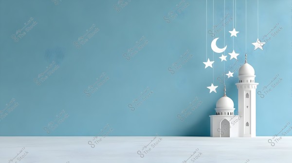 An image depicting a minimalist model of a mosque on a light blue background. The model features two domes and a minaret, with white star and crescent shapes hanging above, giving a spiritual and serene feel to the design.