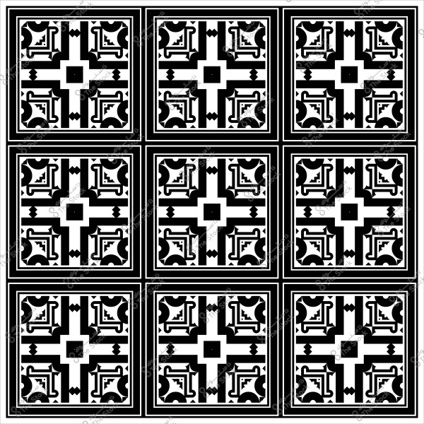 نمط من البلاط المزخرف بالأبيض والأسود يحتوي على تصميمات هندسية متناظرة.