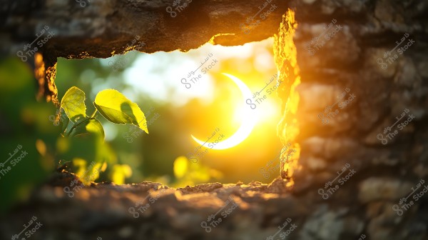 An image depicts a natural scene where sunlight creates a crescent shape through an opening in a stone wall, with green plant leaves softly illuminated in the foreground.