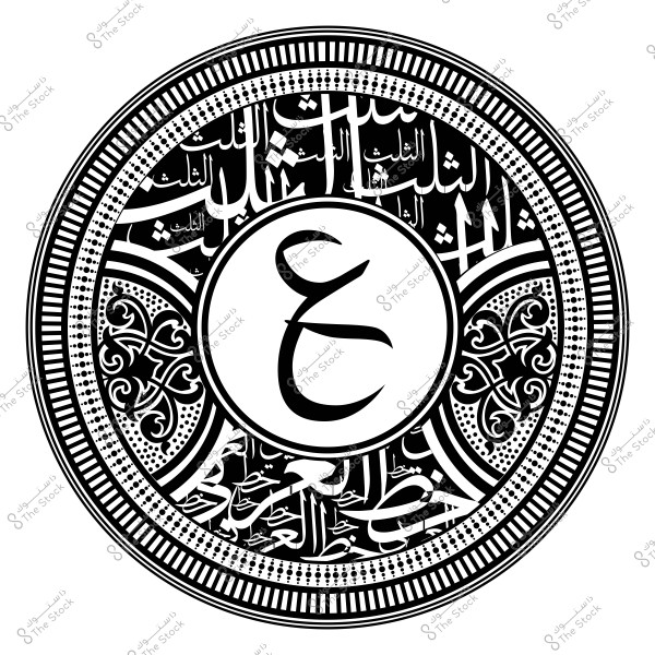 تصميم مستدير يحتوي على حرف "ع" في الوسط بأسلوب الخط العربي الدائري. يحيط بالحرف الداخلي أنماط زخرفية ونصوص عربية مزخرفة بخطوط منحنية ونقاط, مما يضفي شكلاً معقداً وفنياً. الأنماط المحيطة تضيف لمسة تقليدية جميلة, مع تكرار لكلمات متناظرة في الخلفية.

-