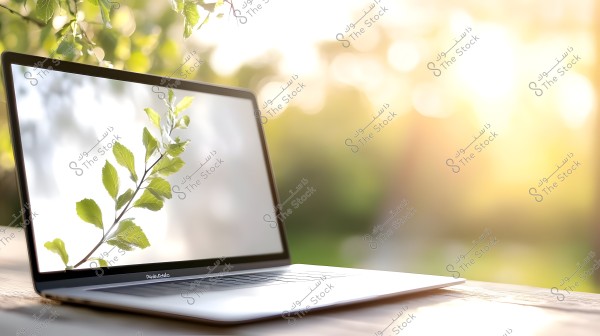 An image of a laptop placed on a wooden table outdoors, displaying a screen image of a tree branch with green leaves. In the background, bright sunlight filters through the foliage.