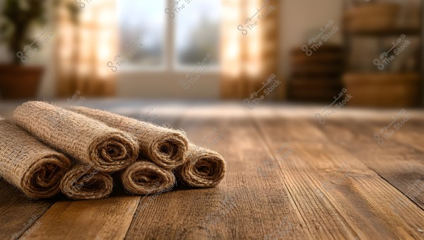 A set of rolled burlap rugs placed on a wooden floor. The background is blurred, showing a large window with light streaming in, creating a warm and serene atmosphere in the space.