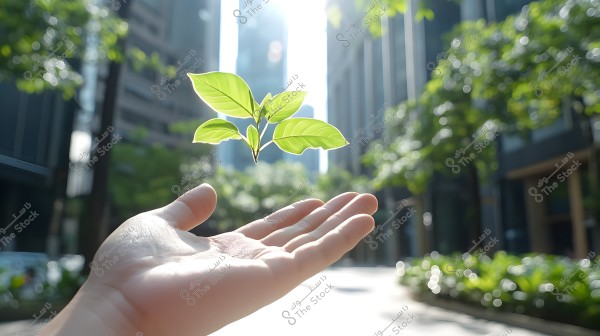 An outstretched hand outdoors with a small plant featuring green leaves floating above the palm. The image is set in an urban area with tall buildings and green trees scattered in the background. Sunlight brightens the scene, creating a lively and cheerful atmosphere.