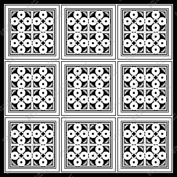 نمط هندسي متماثل بتصميم أبيض وأسود يحتوي على أشكال دائرية وخطوط متقاطعة داخل مربعات.