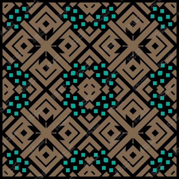 تصميم هندسي مستلهم من الزخارف الإسلامية البنية والسوداء والزرقاء الفيروزية في نمط متكرر.