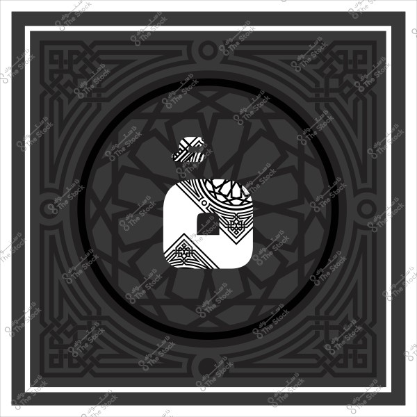 Black and white decorative design featuring a shape of a pitcher or bottle, inspired by traditional Islamic patterns. The surrounding frame is intricate with symmetrical geometric motifs.