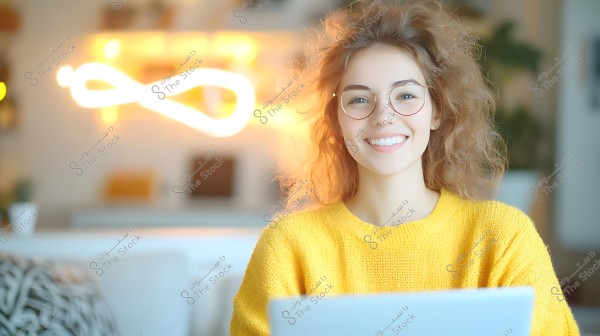 A portrait of a person sitting in front of a computer, wearing a yellow sweater and round glasses. The background features brightly lit decor.