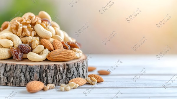 The image shows an assortment of nuts, including almonds, cashews, walnuts, and raisins, piled on a round piece of wood. The background is blurred with a light color, highlighting the nuts in the foreground. The surface on which the nuts are placed appears wooden or coated with a light paint.