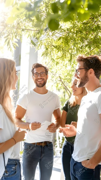 A group of young men and women standing outside under a green tree, happily conversing. Everyone is dressed in casual attire, consisting of cotton shirts and jeans. The weather is sunny with light filtering through the leaves, creating a warm and relaxed atmosphere.