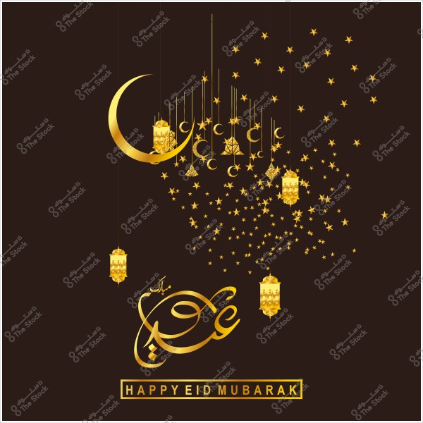 A design featuring a crescent moon, stars, and hanging golden lanterns with the phrase "Eid Mubarak" in Arabic and English on a dark background.