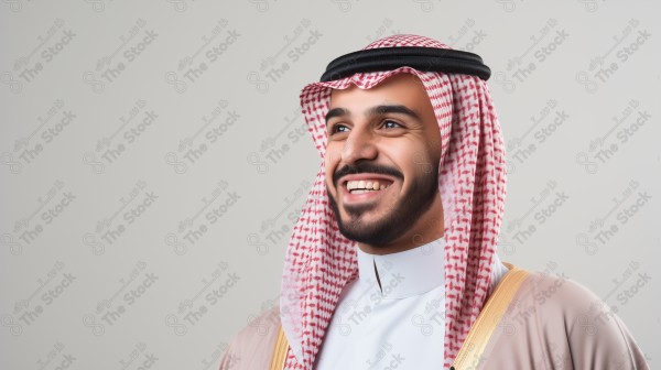 رجل كبير في السن بلحية بيضاء سعودي ويلبس المشلح مع خلفية بيضاء بواسطة الذكاء الاصطناعي