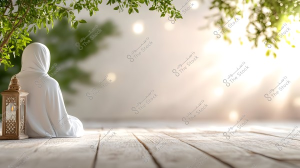 The image shows a person wearing a white robe sitting on a wooden surface lit by sunlight streaming into the natural surrounding space. A traditional lit lantern is beside the person, and green tree leaves adorn the top of the image.