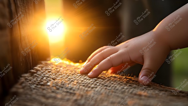 The image shows a child\'s hand touching a rough-textured surface, alongside a bright light source from the setting sun in the background. The sunlight illuminates the sides of the hand and the fabric, creating a warm and beautiful effect.