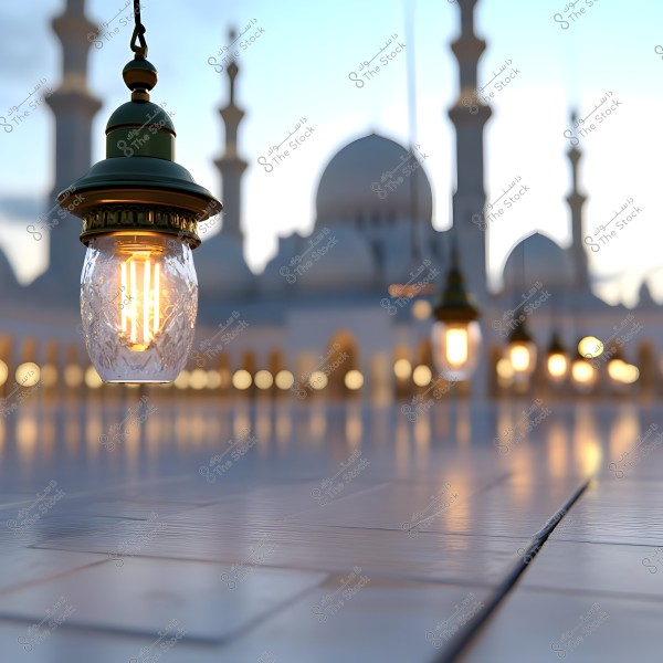 A hanging lamp softly lit in the foreground, with a blurred background of a mosque featuring Arabic architectural details, including domes and minarets. The tiles on the ground reflect the light, creating a serene and beautiful atmosphere.