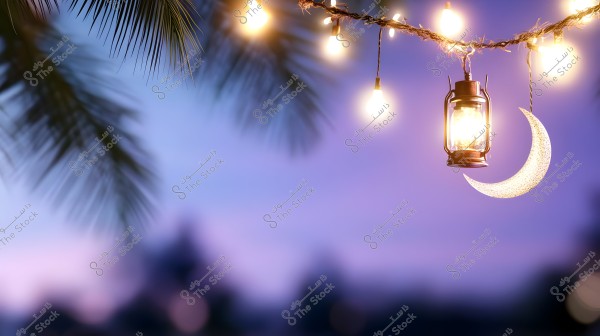 The image shows a light decoration featuring glowing bulbs hanging on a string between palm trees. There is an illuminated lantern and a decorative crescent moon hanging beside it. The sky in the background has a soft purple and blue hue, contributing to a calm and relaxing atmosphere.