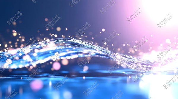 An image showing a bright blue water wave flowing in a darkened background. Colorful light particles in gold and pink are scattered around the wave, creating a magical and glowing effect. A bright light source from the right side of the image adds a luminous touch to the scene.