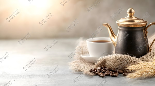 Image showing a traditional coffee pot in black and gold placed on a beige cloth surrounded by coffee beans. A white coffee cup filled with coffee is near the pot. Dry wheat stalks are situated beside the coffee beans on a gray surface with a softly lit blurred background.
