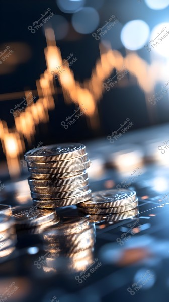 An image of several silver coins stacked on top of each other on a reflective surface, with a background showing a glowing stock market chart pattern and blurred colors, conveying a sense of finance and economy.