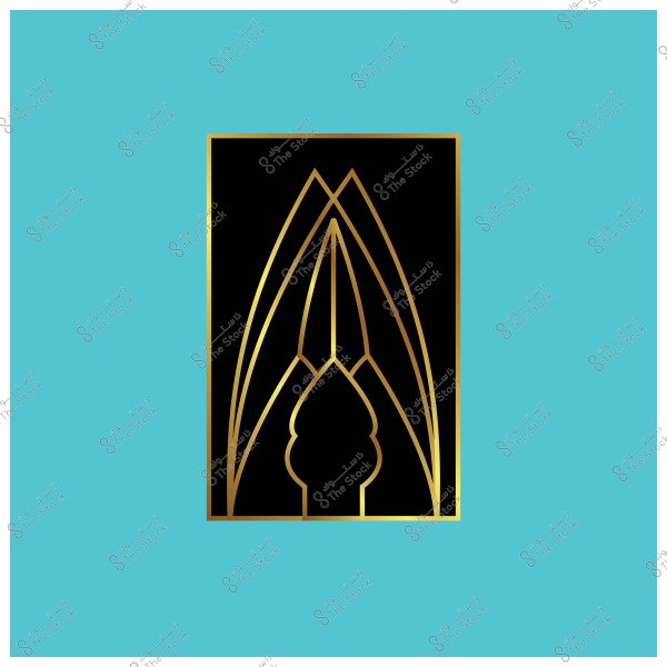 تصميم هندسي يحتوي على إطار مستطيل باللون الأسود محاط بخطوط ذهبية بتصميم زُخرفي يشبه الأقواس أو النوافذ المعمارية. التصميم موجود على خلفية باللون الأزرق الفيروزي.

-