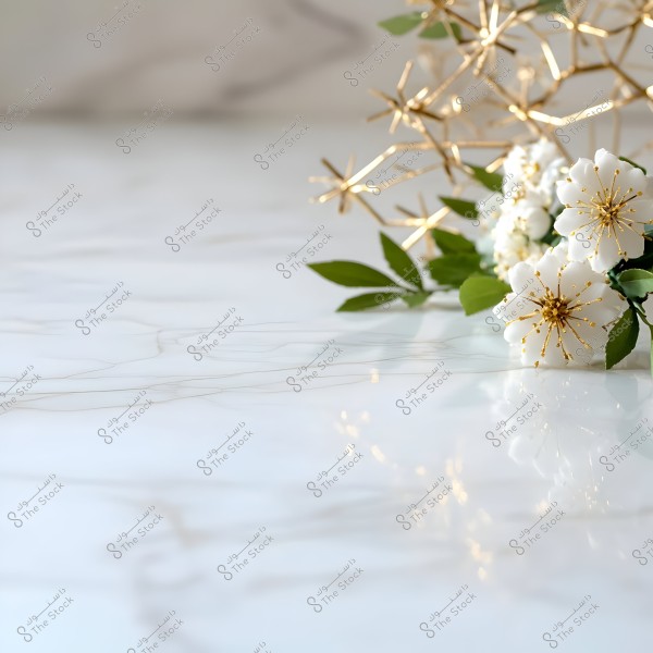 An image of a white marble surface with a golden touch. On the right side, there is an arrangement of white flowers with golden stamens and decorative golden structures. Green leaves add a natural touch to the composition.